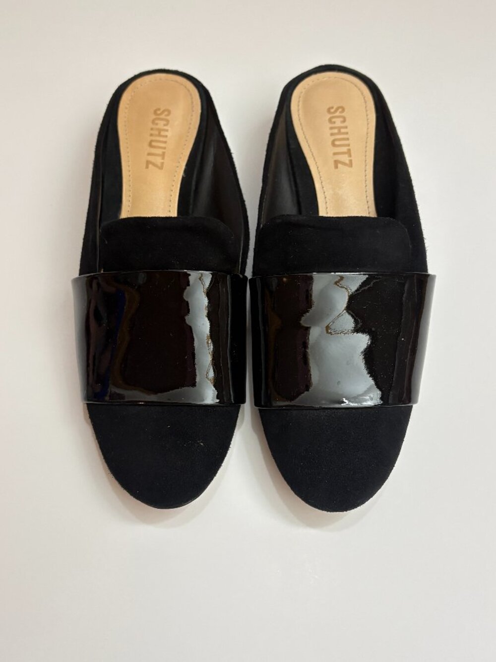 Schutz Black Suede & Patent Leather Mule Heels Size 6